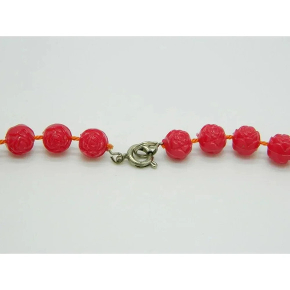 Faux Pink Celluloid Flower Bead Beaded Gold Tone Vintage Choker Necklace - Picture 4 of 4